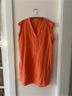 Lightweight Linen/Cotton Peach/Orange V-Neck Cap-Sleeve Dress with pockets